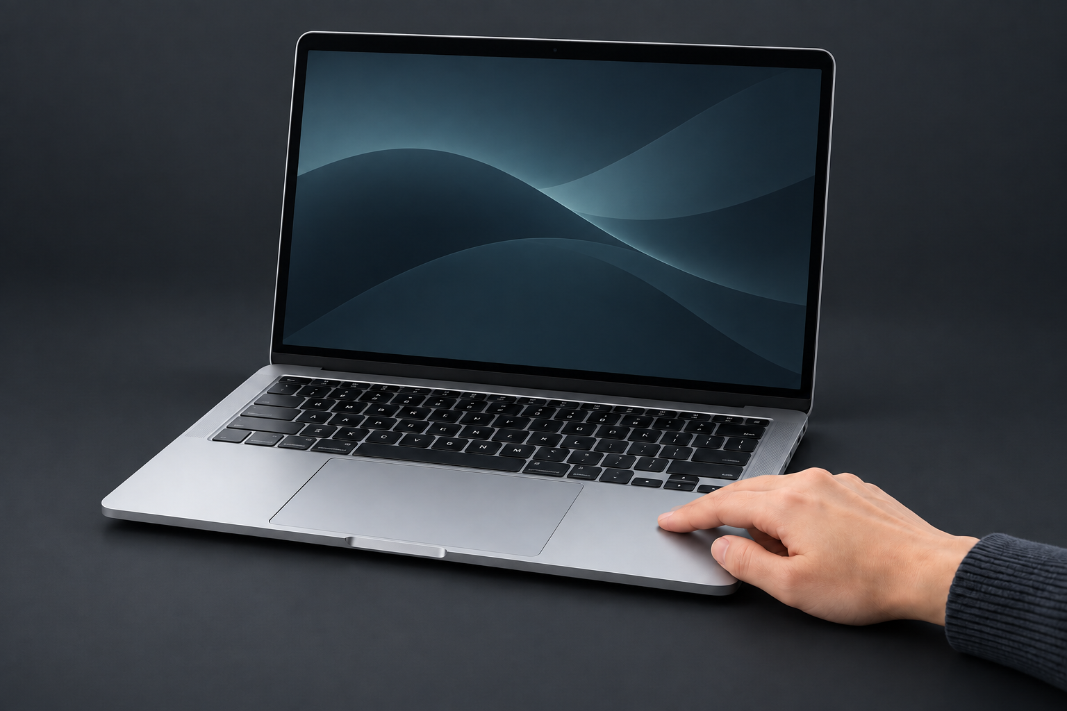 手指輕敲 MacBook 觸控板右側的金屬機身，示意雙敲位置